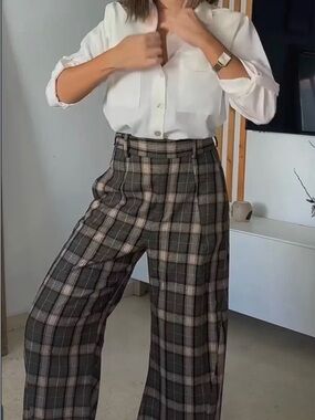 Zara Plaid Wide-Leg Trousers in Green and Cream NWT